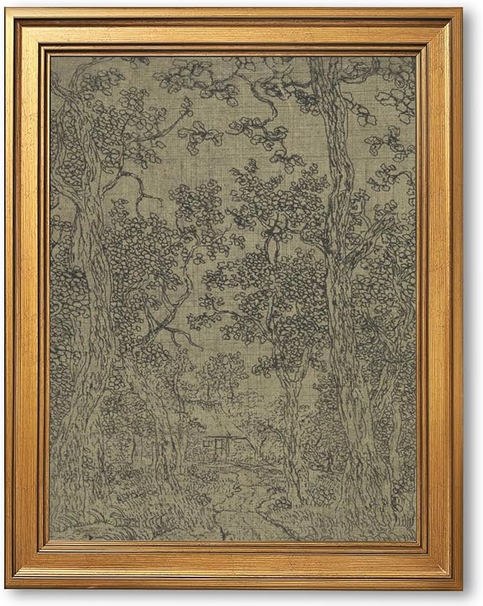 Gold Framed Antique Textile Landscape Sketch Wall Art Painting Moody Vintage Drawing Print Rustic Old-World Picture Poster Neutral Canvas Artwork for Living Room Study Entryway Home Decor 12x16inch