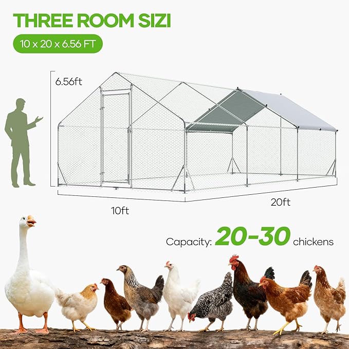Large Metal Chicken Coop,10x20 FT Walk in Chicken Runs with Cover for 30 Chickens,Hen House Enclosure with Security Lock, Outdoor Duck Rabbit Cage Poultry Pens for Backyard,Farm,Yard