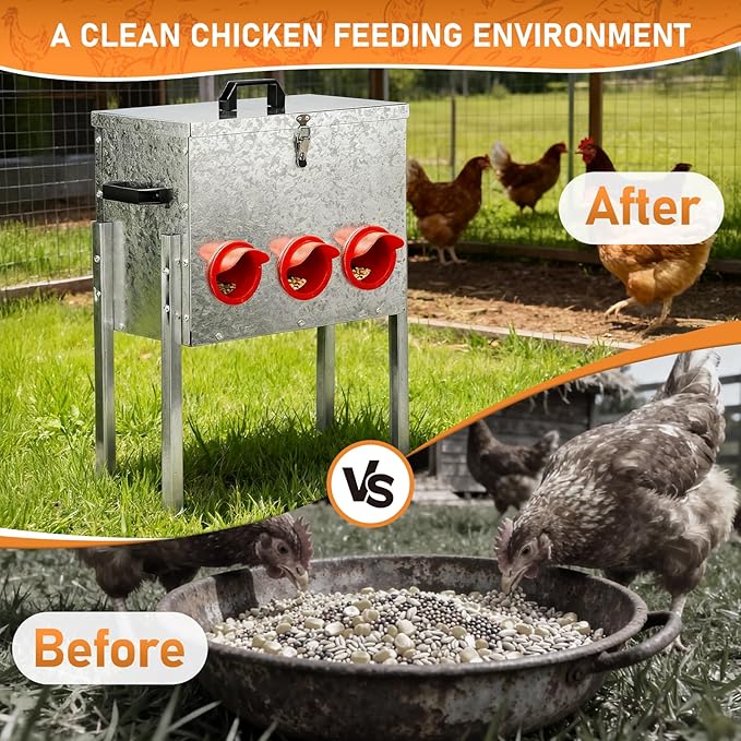 Outvita 40 lb Metal Chicken Feeder with 6 No-Waste Ports, Heavy-Duty Outdoor Chicken Feeder Box with Locking Lid & Handle for Chickens Duck Bantams Pheasants Poultry Backyard Chicken Coop