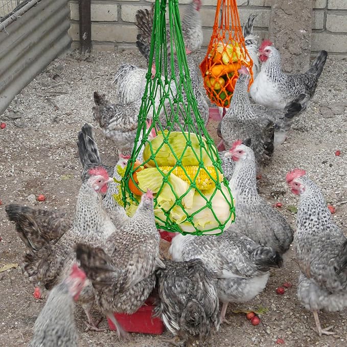 4Pcs Chicken Vegetable String Bag Poultry Fruit Holder Chicken Cabbage Feeder Treat Feeding Tool with Hook for Hens Chicken Coop Toy for Hen Goose Duck