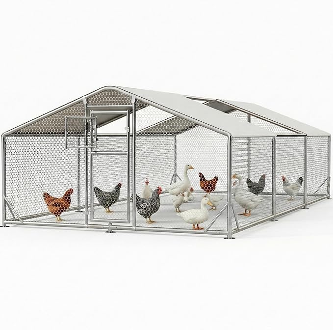 10x20FT Large Metal Chicken Coop, Dutch Door Chicken Run with Waterproof Cover and Hardware Cloth, Walk in Chicken Coop for Hen House, Duck Coop and Rabbit Run
