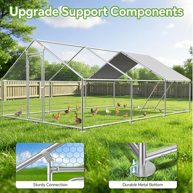 Large Metal Chicken Coop Run with Roosting Perch, Outdoor Waterproof & UV-Resistant Cover for Chickens, Ducks, Rabbits, and Hens in Yard or Farm Use Spire Roof (13.1'Wx19.7'Lx 6.5'H)