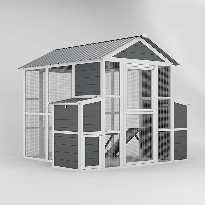 Outdoor Wooden Chicken Coop for 10 Chickens,Large Hen House Poultry Habitat Pet Hutch Run Cage with 2 Chicken Nesting Boxes,Walk in Chicken Coops Run W/Ramp and Run,Waterproof Roof,(80"×82"×69")