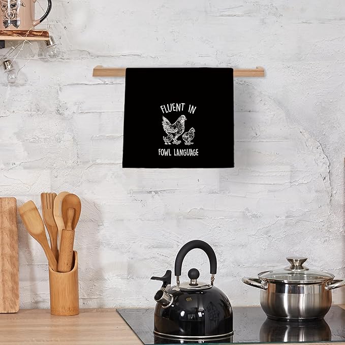 Funny Chicken Kitchen Dish Towels 16x24 Inch, Black Crazy Chicken Gifts for Chicken Lover Chicken Mom, Fluent in Fowl Language Decorative Hand Towels Tea Towels for Farmhouse Home