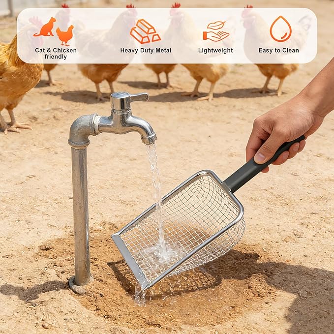 Chicken Poop Scooper for Coop,2 Pack Chicken Coop Poop Scoop Shovel with 3.8mm & 5mm Mesh, Metal Chicken Coop Rake and Scoop Tool,Scooper Shovel for Sifting Sand, Litter, Chicken Supplies