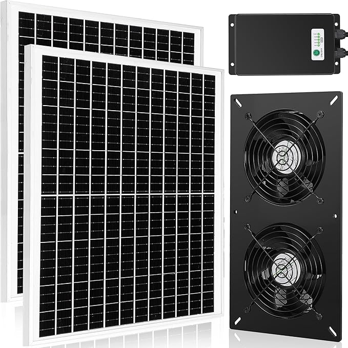 Solar 2 Fan Kit with 66.6 Wh Battery Backup, 50W Solar Panel Powered Rechargeable Weatherproof Fans for Chicken Coop, Greenhouse & Shed