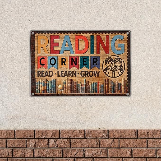 Vintage Metal Reading Corner Sign Learn Grow Book Lover Wall Art 12 x 8 Inch Educational Decor For Home Library Classroom And Kids Space Metal Kitchen