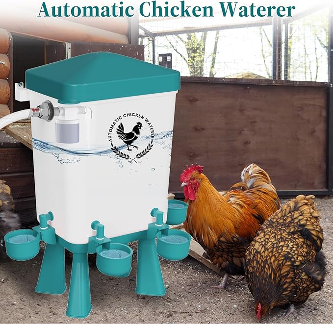 Chicken Waterer, 3 Gallons Automatic Chicken Waterers with 5ft Pipe, Float Controlled Automatic Poultry Water Feeder, 5 Chicken Waterer Cups (Blue, 3 Gallons)