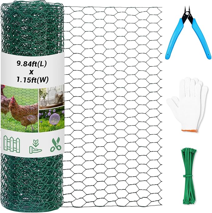 Chicken Wire for Floral Arrangements,13.78 x 118 Inch Lightweight Galvanised Hexagonal floral Chicken Wire Green Florist Wire for Garden Poultry Netting for Garden Protection with Wire Ties and Pliers