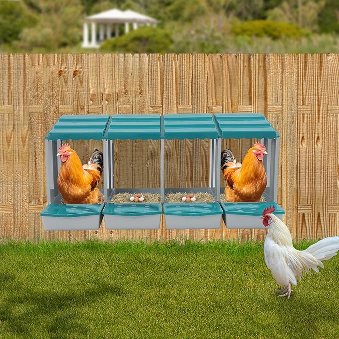 Chicken Nesting Box, 4 Compartments PP Nesting Box, Wall Mountable Nesting Boxes with Inclined Top, Drain Holes & Resting Platform for Chicken and Poultry to Collect Eggs