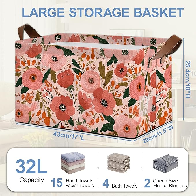 Retro Pink Flower Storage Basket with Handles,Leaves Collapsible Rectangle Organizer Bin for Room Decoration Books Box Baskets 17x11.5x10Inch