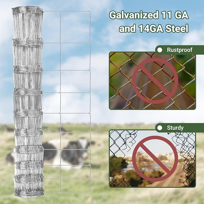 Farm Fence 4.5FT x 100FT, Galvanized Cattle Fence, Heavy Zinc Coating Wire Fencing, 14GA Livestock Fence, Goat Fence, Hog Wire Fencing Perfect for Pest Control, Livestock & Animals Protection