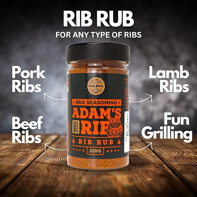 Adam's Ribs BBQ Rib Rub - 100% Natural and Unique Seasoning - Perfect Blend Of Spices For Juicy BBQ And Grill Ribs - Large Jar (220g)