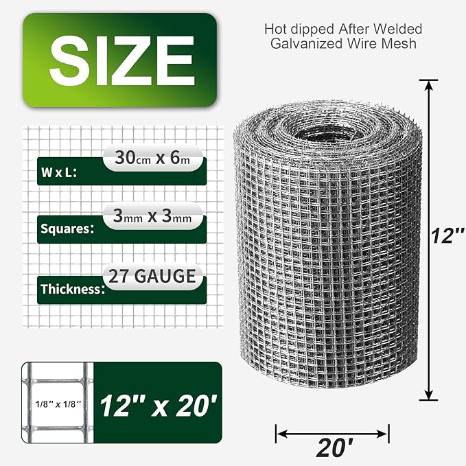 1/8 Inch Hardware Cloth 12'' x 20' 27 Gauge Hot Dip Galvanized Welded Wire Mesh for Chicken House/Coop Fencing, Animal Cage Netting, Bee Swarm Protection Netting and Poultry Enclosures