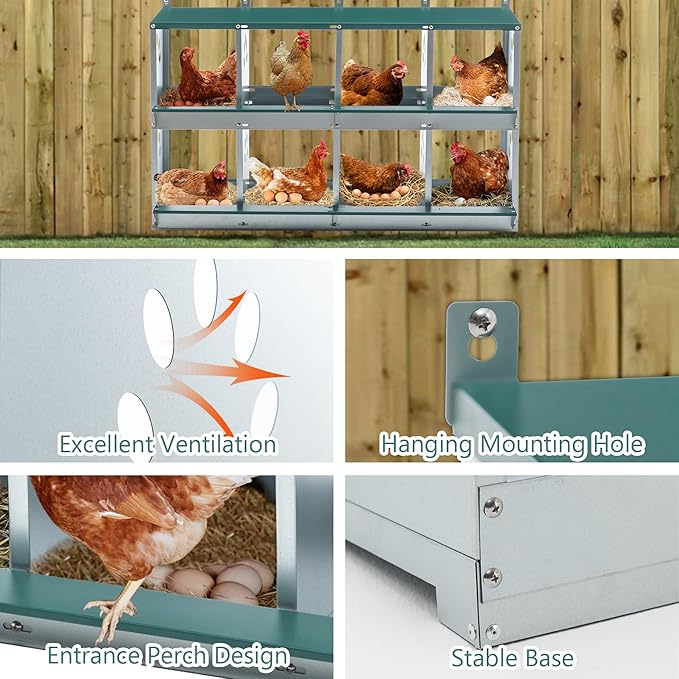 3/4/6/8/10 Holes Chicken Nesting Box for Chickens Hens Ducks, Metal Nesting Boxes for Chickens Wall Mount Egg Laying Nesting Boxes for Chicken (Green, 8 Hole)