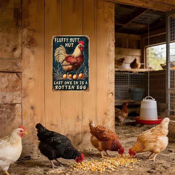 Chicken Metal Tin Sign and Egg Poster Fluffy Butt Hut Vintage Tin Sign for Family Kitchen Bar Farm Garden Wall Plaque 12x8 Inch