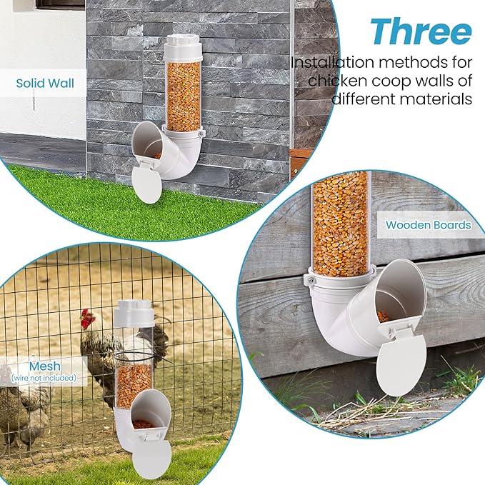 Automatic Chicken Feeder No Waste 6 Pounds Duty PVC Gravity Poultry Chicken Coop Feeder, Wall Mounted Visible Gravity Fed Poultry Feeder Tube with Rain Cover for Ducks Turkeys Geese Quails
