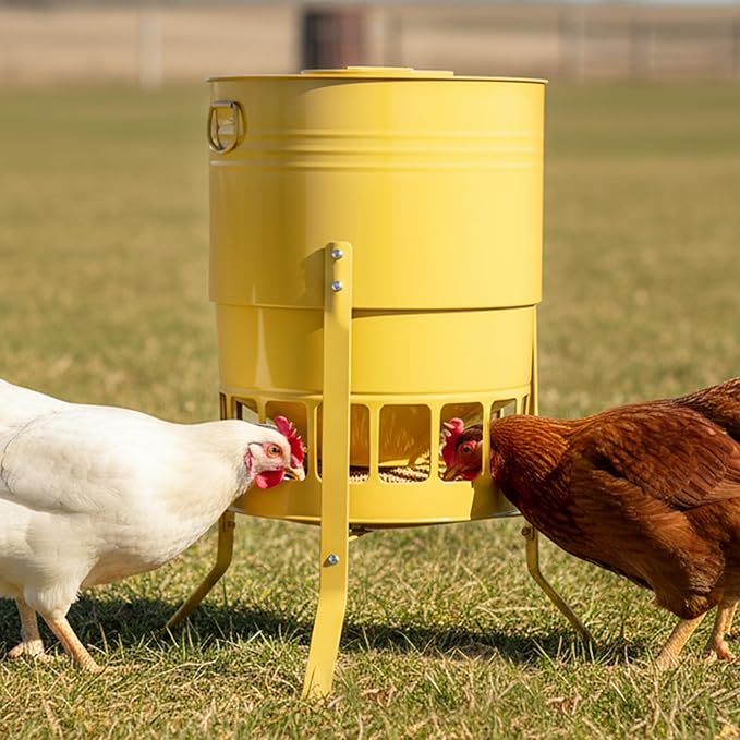 KOL Chicken Feeder No Waste for Coop & Outdoors, 16 Port 50lbs Poultry Feeder with Spill-Control Design, Rust-Proof Powder Coated Metal & Smooth Safe Edges (Yellow)