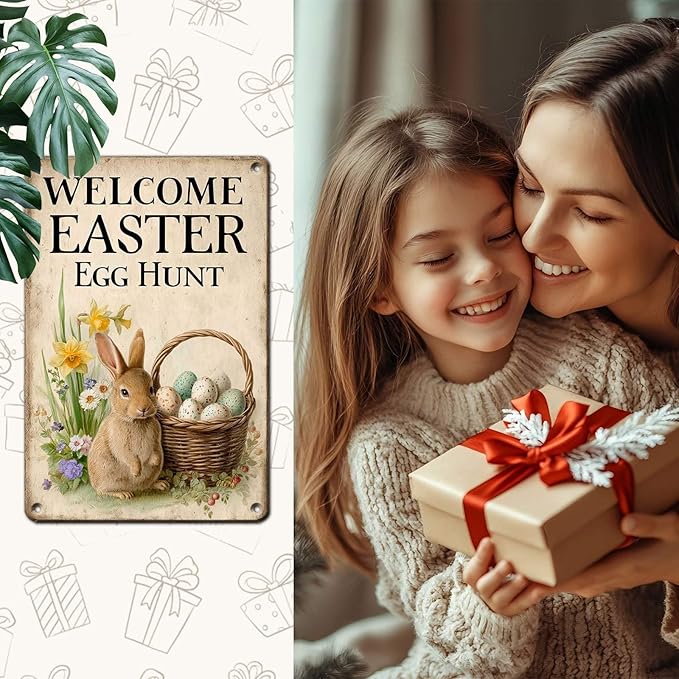 Easter Bunny Vintage Tin Sign Welcome To Our Egg Hunt Metal Sign Suitable For Gardens, Homes, Apartment Walls 8X12Inch