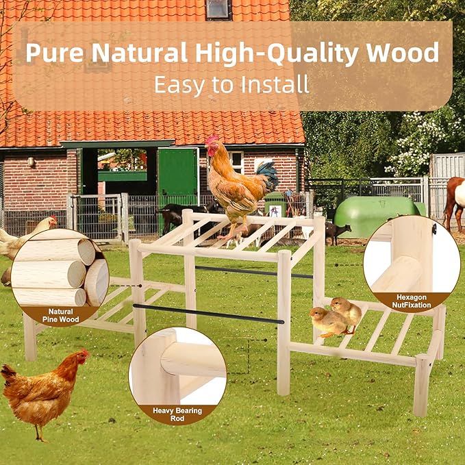 Chicken Perch, Natural Beech Wood Roosting Ladder, Chick Perch for Strong Wooden Roosting Bar for Poultry, Jungle Gym & Toys.