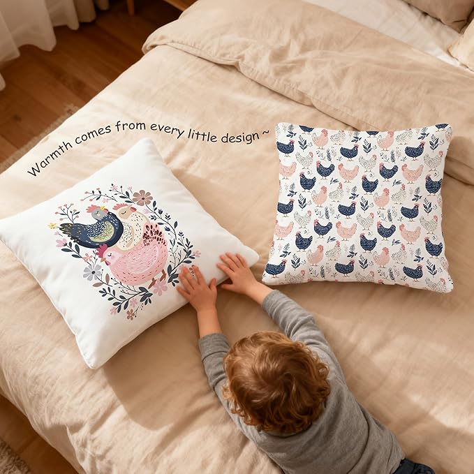 Rustic Floral Chicken Pillow Covers 18x18, Chicken Lover Lady Mom Gifts, Cottagecore Flower Farmhouse Hen Decorative Throw Pillow Covers for Home Bedroom Living Room, Set of 2,Color-3