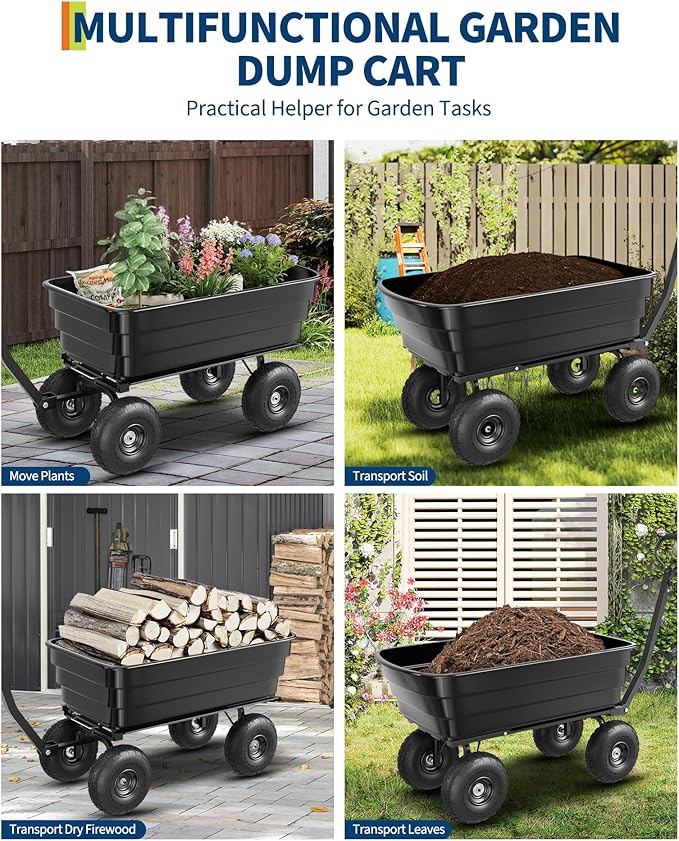 Heavy Duty Poly Garden Dump Cart 1200 lbs, 125L Utility Wagon Wheelbarrow with 10" All-Terrain Tires, Quick Release, 180° Adjustable Handle for Yard, Lawn, Landscaping, Black | 1200 lbs. load capacity