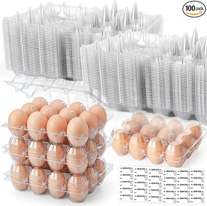 LOVEINUSA 100 PCS 12 Count Plastic Egg Cartons, with 105PCS Date Labels, Bulk Clear Reusable Egg Holder for Fresh Medium Eggs Storage, Suitable for Farms, Families, Markets Display