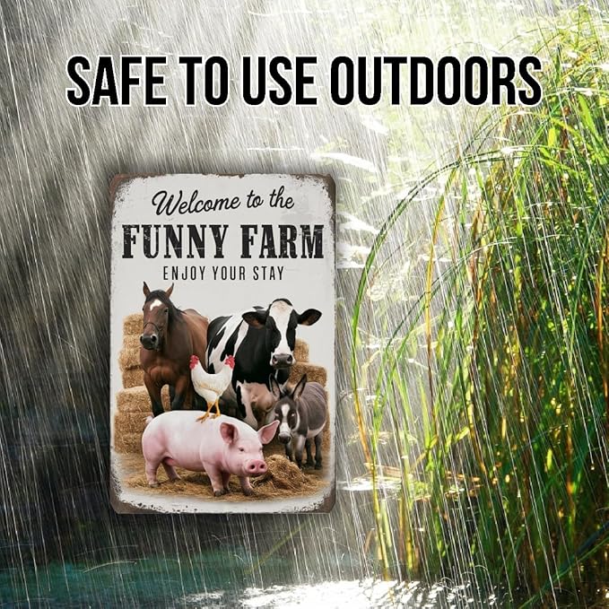 Funny Farm Welcome Sign – Rustic Animal Wall Decor With Horse, Cow, Chicken, Donkey & Pig – Vintage-Style Farmhouse Humor Art 8x12