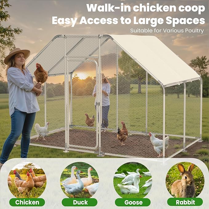 Large Metal Chicken Run, Chicken Coop with Lockable Door Flat Shape Walk-in Chicken Hen House with Waterproof & Anti-UV Cover for Duck Rabbit Habitat Cage Outdoor Poultry Cage for Yard Farm