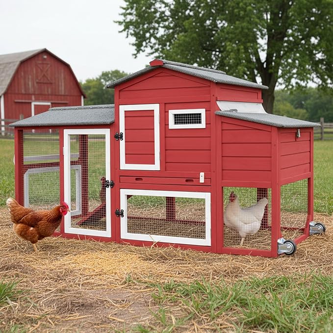 Chicken Coop for 2-3 Chickens, with Large Nesting Box, No-Slip Ramp & Pull-Out Tray, Wooden Poultry Bunny Hutch for Outdoor Indoor