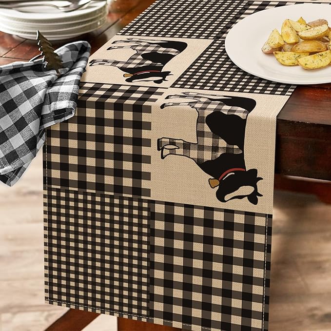 Seliem Buffalo Plaid Check Cow Table Runner, Farm Animals Kitchen Dining Table Decor, Farmhouse Burlap Home Decoration Indoor Outdoor Party Supply 13 x 72 Inches