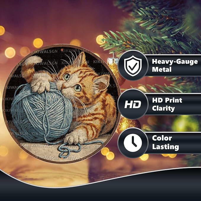 Vintage Orange Tabby Round Metal Sign Retro Yarn Ball Tin Sign Nostalgic Cat Lovers Wall Decor Decorations for Home Bedroom Living Room Cafe Bar Bathroom Shop 8 * 8 In