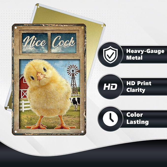 Funny Chicken Metal Signs Coop Decor Nice Cock Tin Signs Vintage Farmhouse Poster Rustic Wall Decor For Home Outdoor Farm Poultry House Cafe Bathroom Restroom Washroom Toilet 12 * 8 In