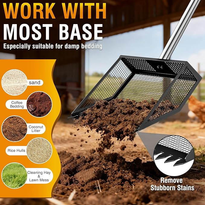 TOOGE Large Chicken Poop Scooper: 2-in-1 Metal Pooper Scooper & Rake Adjustable 62" Long Handle Stainless Steel Sand Sifting Litter Shovel Chicken Coop Scoop Cleaning for Bedding Goats Farm Yard Black