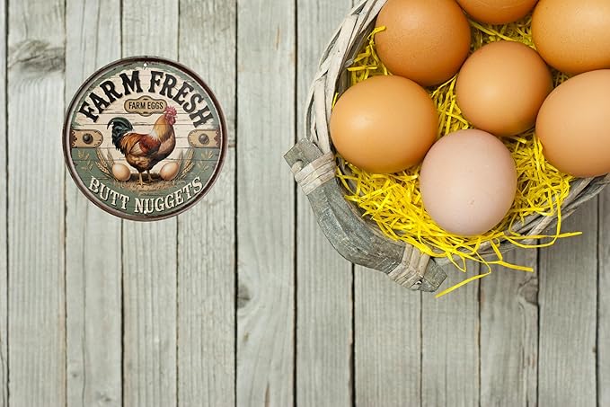 Rustic Farmhouse Metal Sign 8x8 in Round Chicken Coop Decor Vintage Farm Fresh Eggs Wall Art Antique Kitchen & Outdoor Decorative Plaque Chicken Coop Accessories