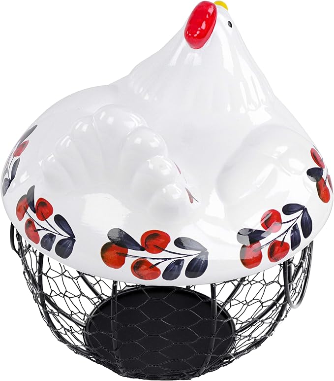 Rural365 Chicken Egg Basket in Navy and Red Design Ceramic Chicken Shaped Lid with Round Wire Basket Base and Handles