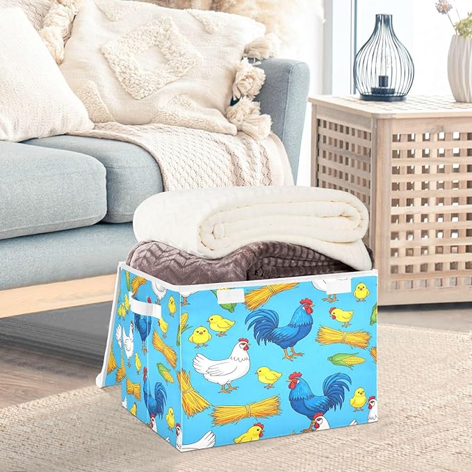 Chicken Rooster Chick Storage Bins with LidsCorn Hay Farm Blue Foldable Storage Basket with Handles Collapsible Large Fabric Organizer Containers for Clothes Shelves Closet Office Home