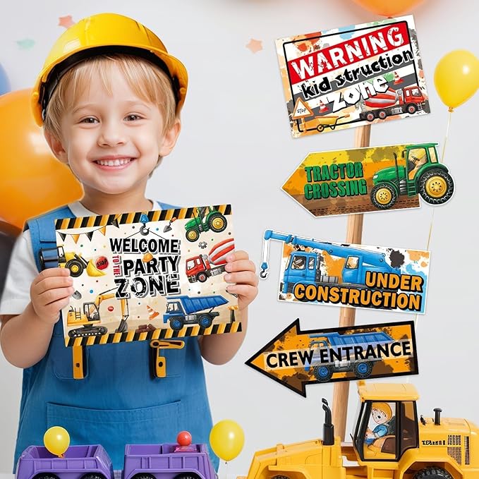 WERNNSAl Construction Party Decorations - 12PCS Truck Signs Birthday Decorations for Kids Boys Construction Birthday Party Supplies Funny Traffic Road Signs for Baby Shower Home Garden Yard Decor