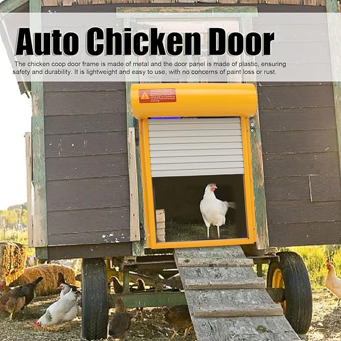 Automatic Chicken Coop Door, Solar Powered Timer Control with LED Display for Poultry Safety Duck Goose Farm, Metal Plastic Construction (Yellow)