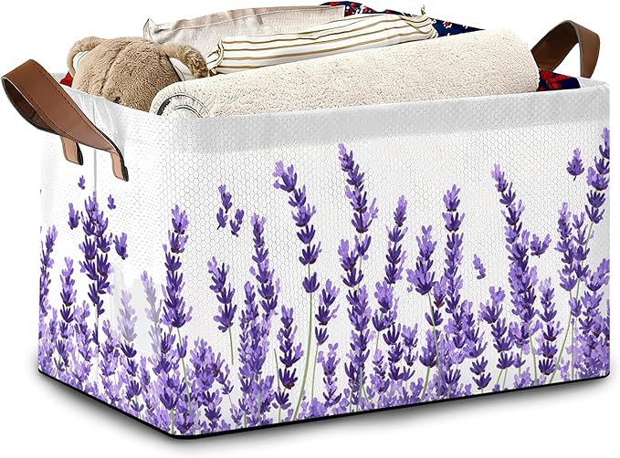 Lavender Storage Baskets,Foldable Organizer Bin with Handles for Home Living Room Bedroom Closet Box 17x11.5x10Inch