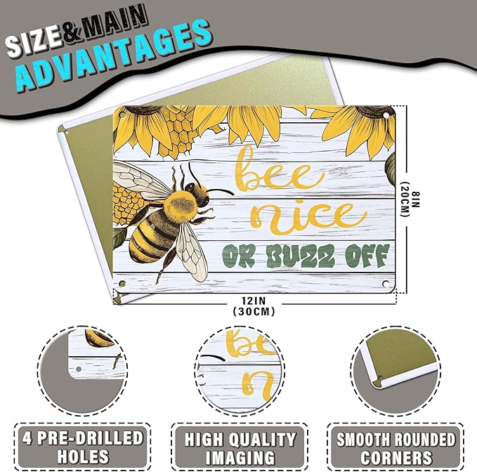 Bee Nice or Buzz Off Decor Sign Vintage Metal Tin Sign Country Farmhouse Decor Home Decor Rustic Farmhouse Decorations for The Home 8x12inch