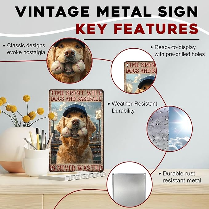 Baseball Fan Cave Wall Art Metal Tin Sign with Dogs Vintage Retro Plaque Rustic Decor for Sports Bar Game Room Basement 8x12inch
