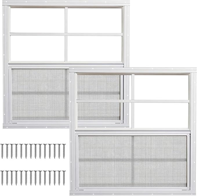 Yuzzy Shed Windows 2 Pack, Chicken Coop Windows 36" x 36" with Tempered Glass and Fiberglass Screen, Flush Mounted Small Window for Shed, Barns, Playhouse, Household, Garage (White)