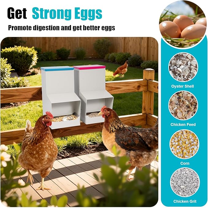 10L Chicken Grit and Oyster Shell Feeder Combo,Metal Automatic Chicken Feeder with Lid Chicken Coop Accessories Supplies Hanging Gravity Poultry Feeders Trough for Strong Eggs Poultry