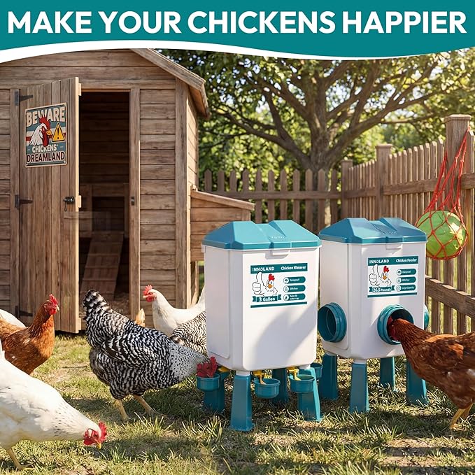Chicken Feeder and Waterer Set - 3 Gallon/26.5 Pounds, Automatic Chicken Waterer with 4 Cups & 3 Feeder Ports, No Waste Poultry Feeders & Waterers, Chicken Coop Accessories for Hens/Ducks/Poultry