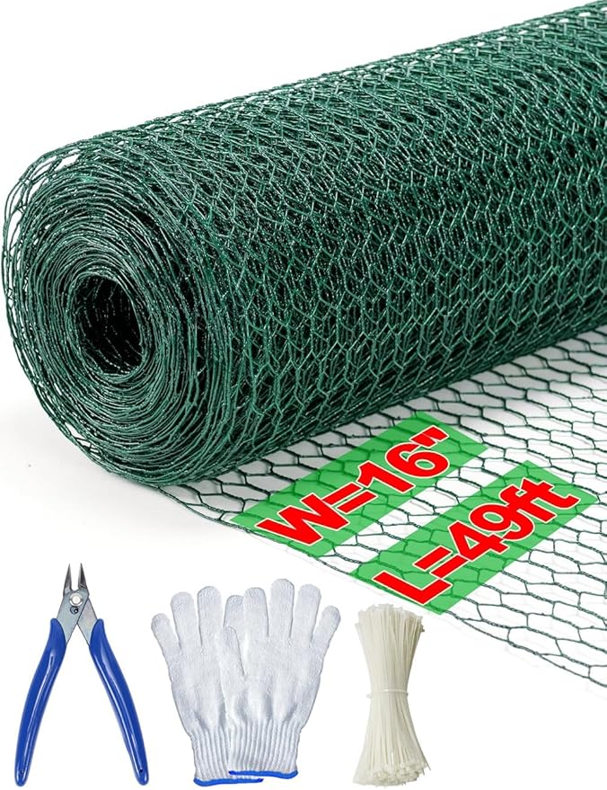 TOYPOPOR Chicken Wire, 16''x 600''/49ft Mesh Roll for Floral Arrangements, Anti-Rust PVC Coated Garden Netting, Rabbit Animal Fence with Cutting Plier, Gloves and Ties for DYI Crafts, Poultry, Garden