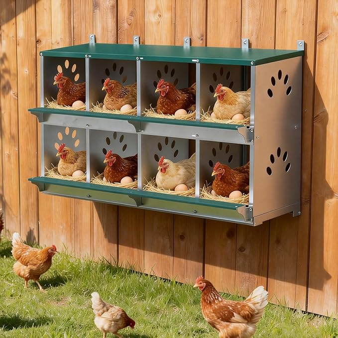 EAGLE PEAK 8-Hole Wall Mounted Chicken Nesting Box, Roll Away Hen Laying Box with Sloped Roof & Easy Clean Tray, Galvanized Steel for Backyard Chicken Coops (Green)