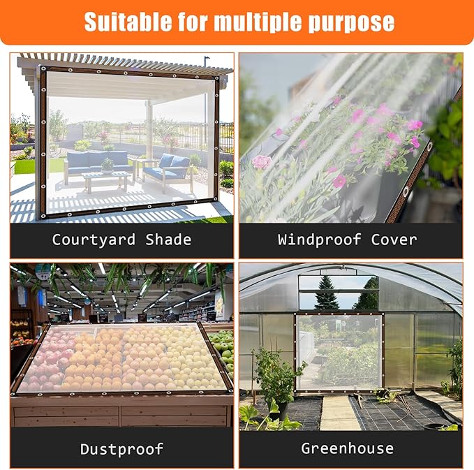 ZYP 2PCS 8x10ft Heavy Duty Clear Waterproof Tarps Outdoor Garden Rainproof Covering,Clear Vinyl Tarp with Grommets,Transparent Waterproof Tarpaulin for Covering Henhouse Porch Canopy Plant Camping