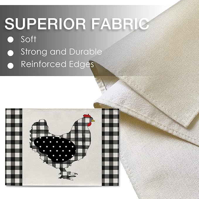 Seliem Farm Chicken Hen Animal Placemats Set of 4, Black White Buffalo Check Plaid Farmhouse Chick Dining Table Place Mats, Spring Summer Country Rustic Kitchen Decor Home Decoration 12 x 18 Inch