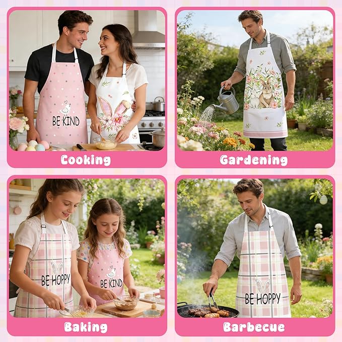 Easter Aprons Set of 4, Bunny with Easter Eggs Pattern Kitchen Aprons for Adults, Easter Decorations for Home, Bunny Gifts, Spring Table Decor